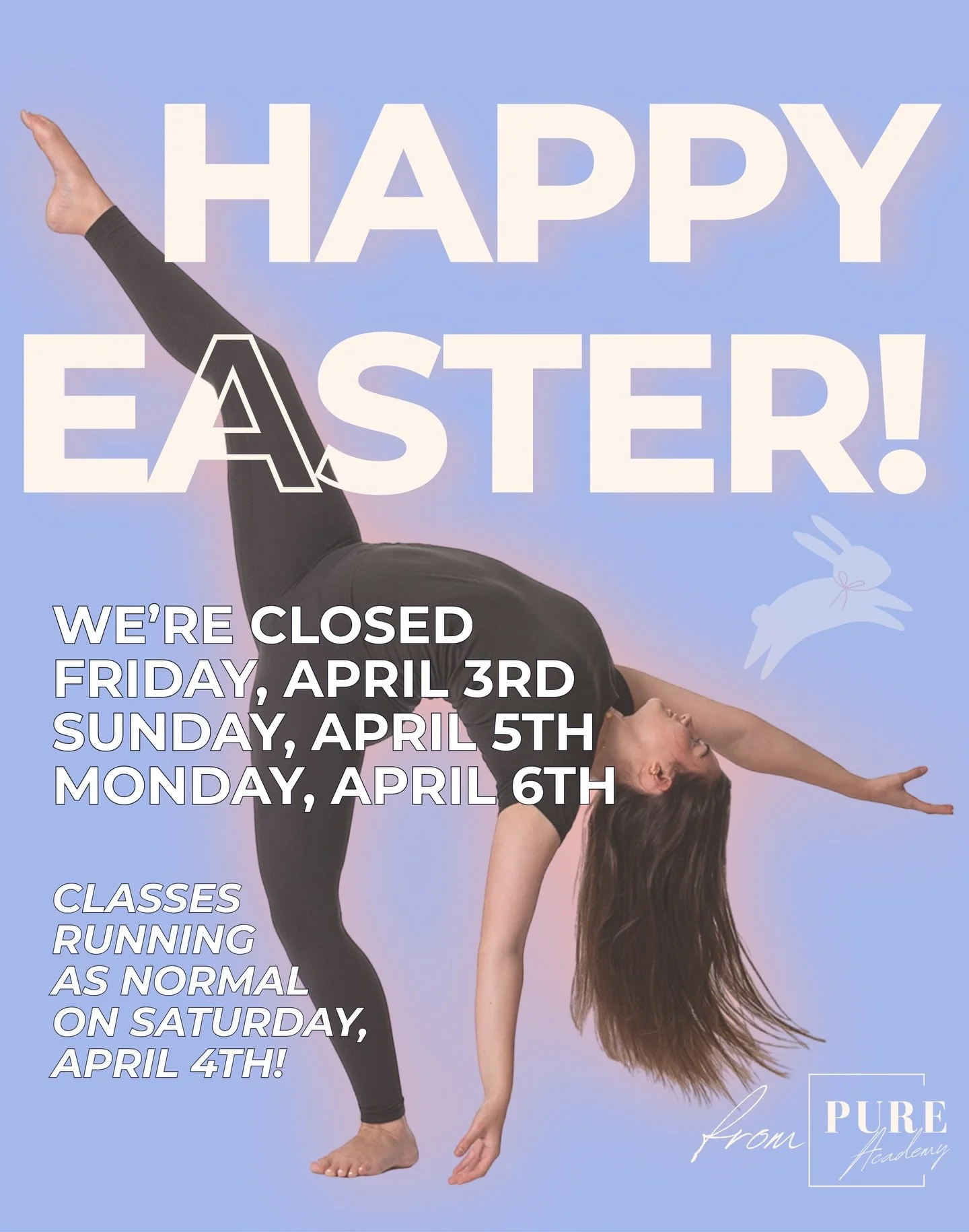 Happy Easter! 🐣

Just a reminder that the studio is closed on the following dates:

🐰Friday, April 3rd
💐Sunday, April 5th
🐥Monday, April 6th (belly dance will still be running)

Classes will run as normal on Saturday, April 4th and restart back u