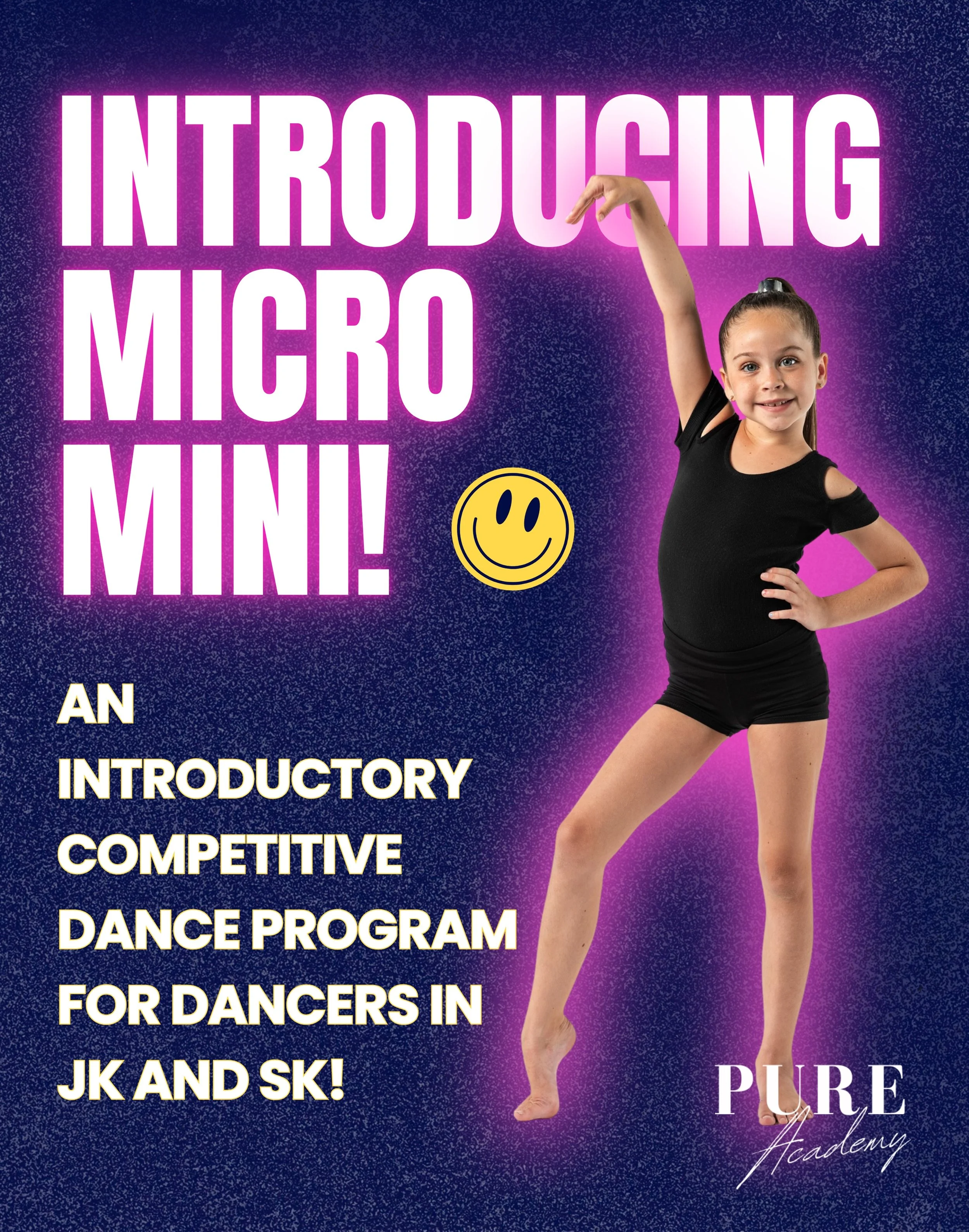 ✨ MICRO MINI TEAM ✨

Introducing our NEW Micro Mini Team! 💫

For dancers ages 4&ndash;5 (JK/SK by Jan 1, 2027)
Train approximately 2 hours per week (including routine rehearsal) in ballet + jazz, with optional acro + tap.
✨ 1 routine
✨ 2 competition