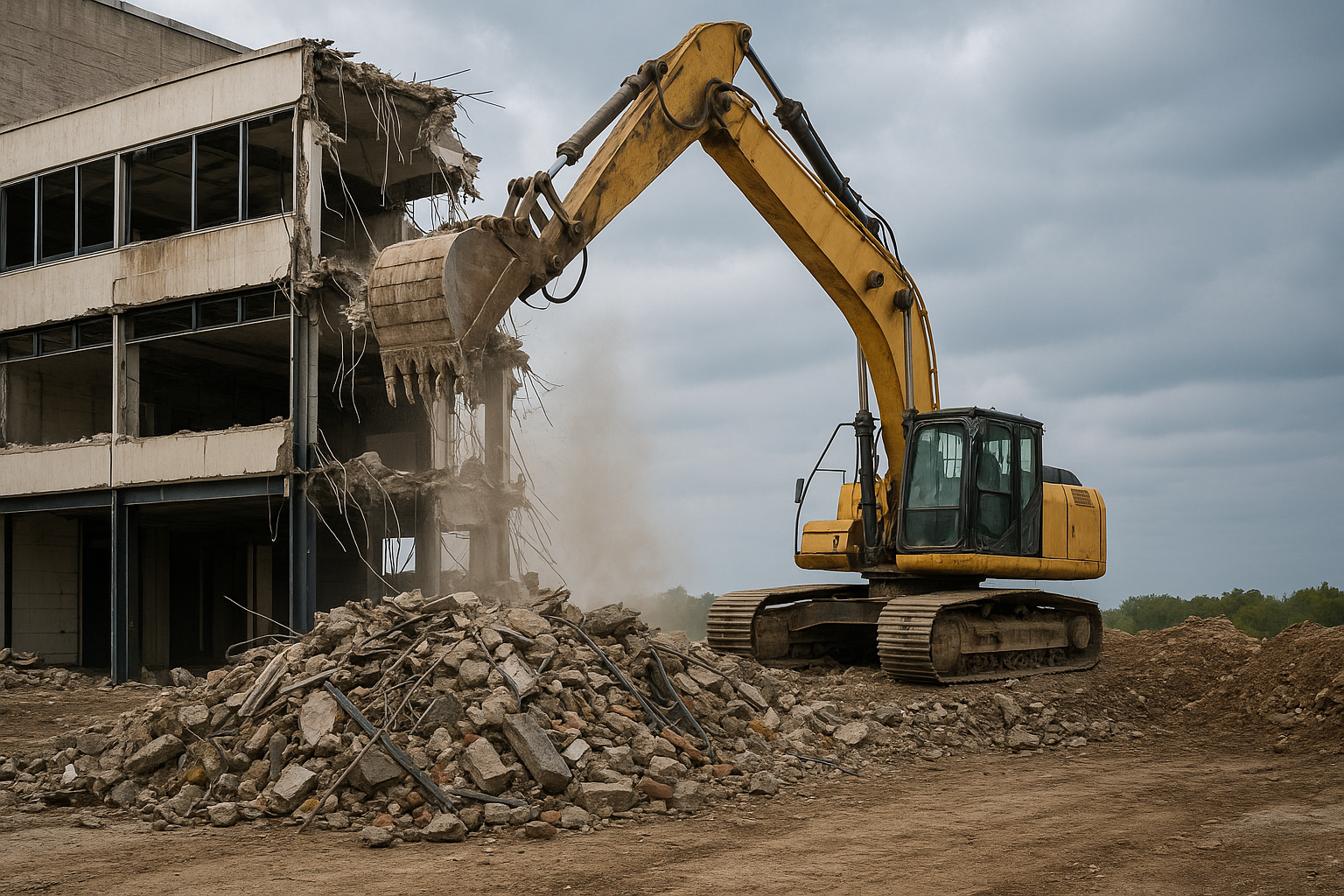 A large yellow excavator demolishing a multi-story concrete building with debris and dust around.