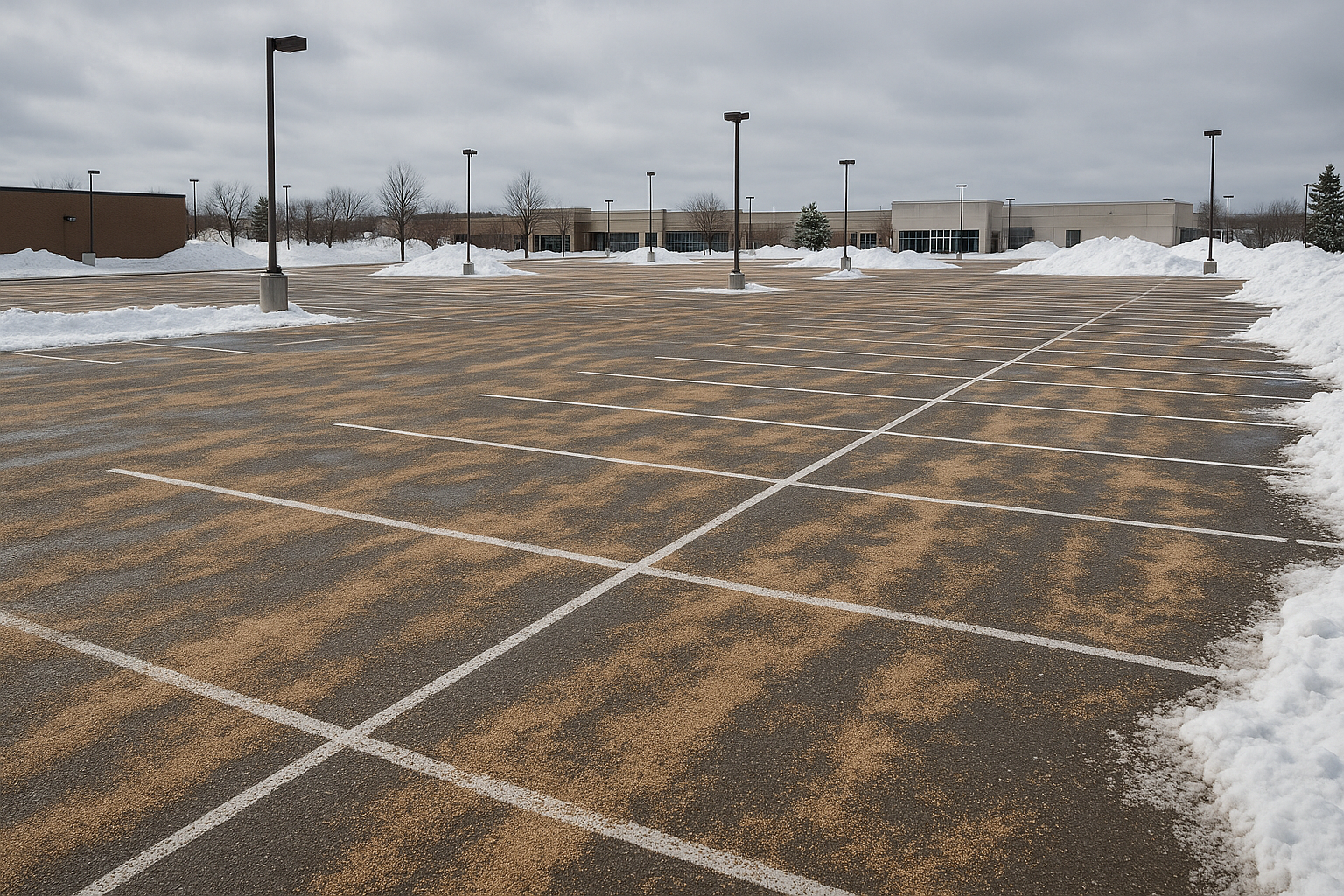 Empty outdoor parking lot with snow piles along the sides, under a cloudy sky with no vehicles or people present.