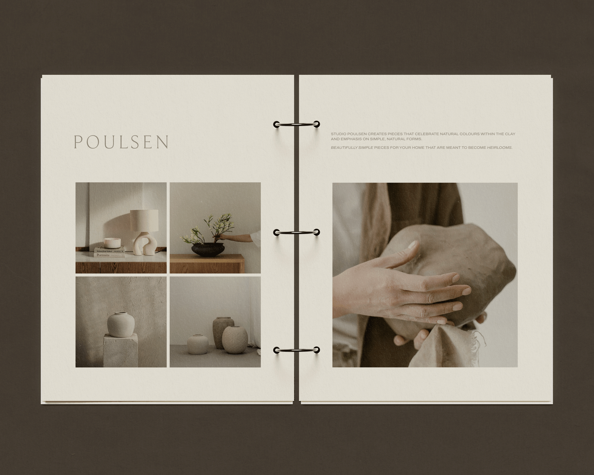 Minimal and understated layout design for an artisan ceramist, Josefine Poulsen. Intentional branding for nature-inspired founders by The Brand Flourist.