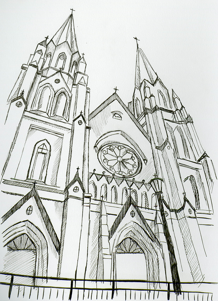 Sketch of a large Gothic-style church with two tall spires, a central round clock, and arched doorways.