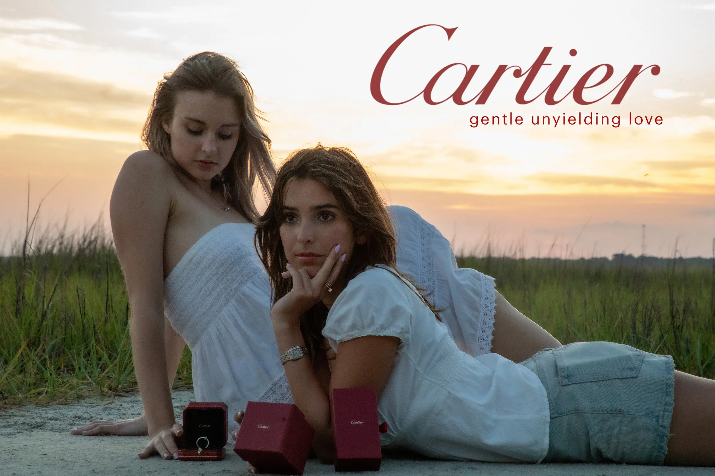 Two women lying on the grass at sunset, with Cartier jewelry boxes and a ring in a case in front of them, and the text 'Cartier gentle unyielding love' in the top right corner.