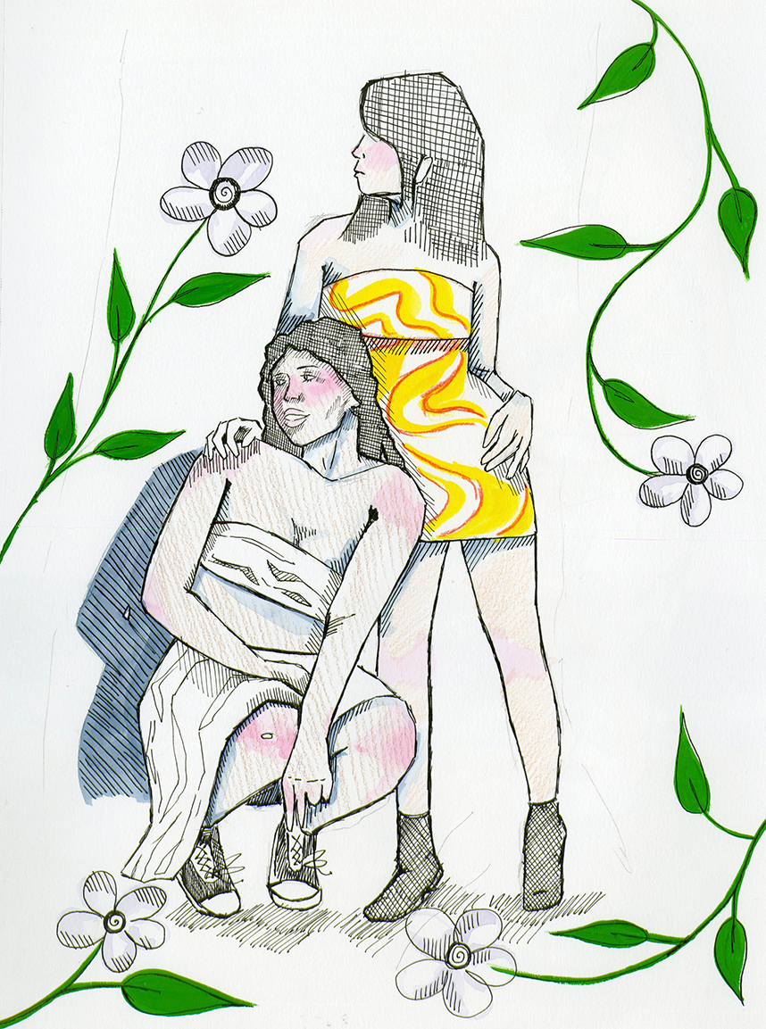 Two women are depicted, one sitting and one standing, both in stylish clothing, surrounded by decorative green vines and flowers with black outlines and colored accents.