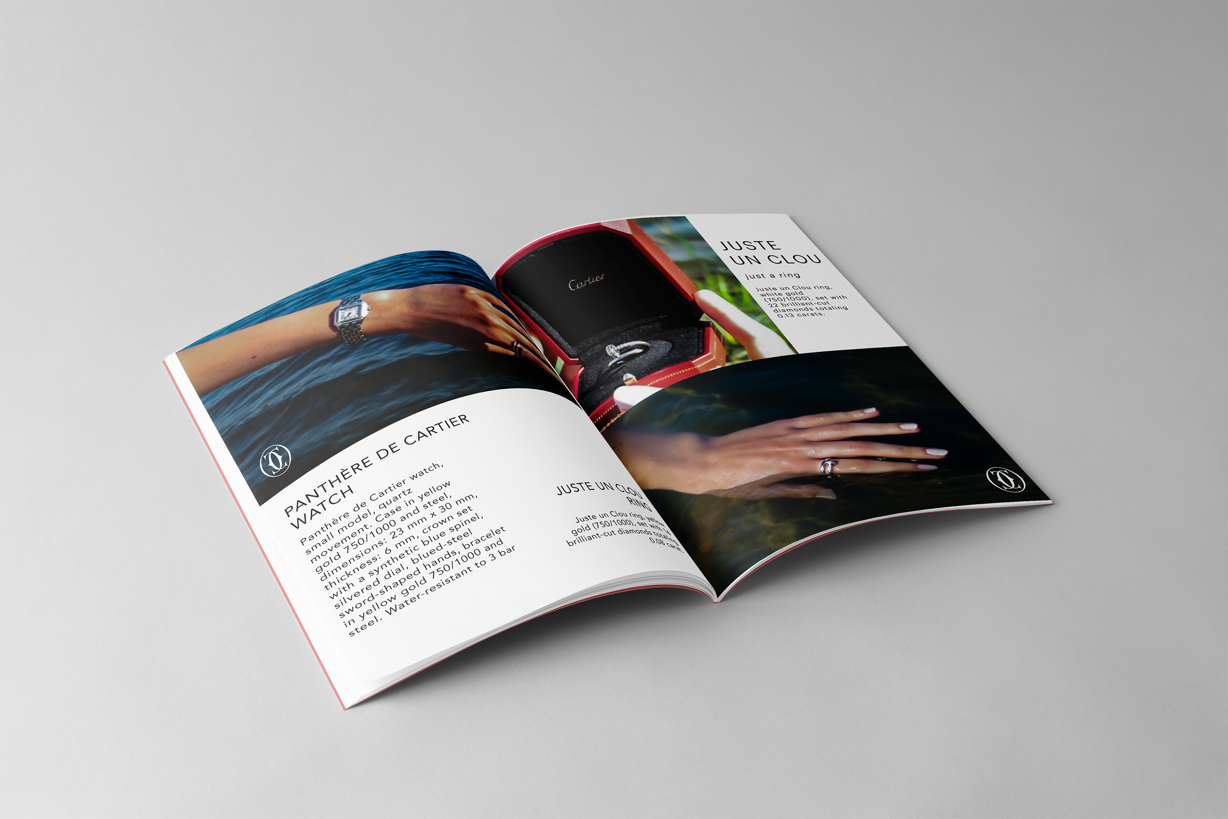 Open magazine featuring a Cartier watch and jewelry advertisement, with images of a hand wearing the watch and jewelry, and a ring in a Cartier box.
