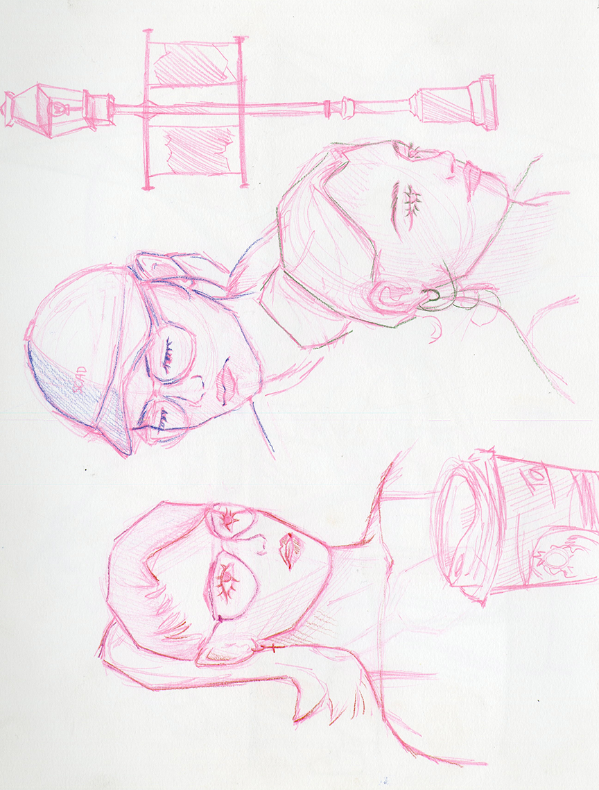 A pink and purple sketch of three women lying down with eyes closed, including one wearing glasses and a hoodie with the word 'BAD' on it, and a watercolor cup with a cartoon animal design above them.