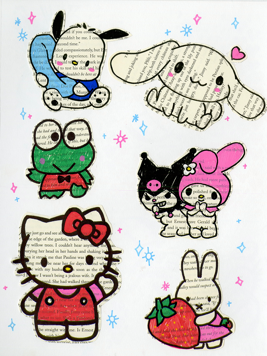 Colorful illustrations of cute cartoon animals with newspaper print textures, including a dog in a sweater, a bunny with a heart, a frog with glasses, a pig with a bow, a Certifrlfflzed cow, and a rabbit holding a strawberry, surrounded by pink and b