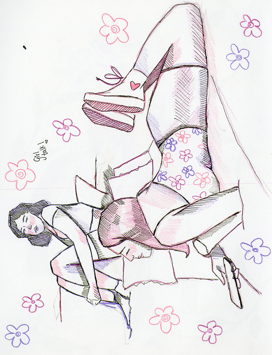 A pencil drawing of a girl sitting on a bed, with one leg up and the other hanging off. She is wearing a floral dress and slippers, and is resting her head on one arm with eyes closed. Surrounding her are colorful flowers, and the words "Girl Talk" a