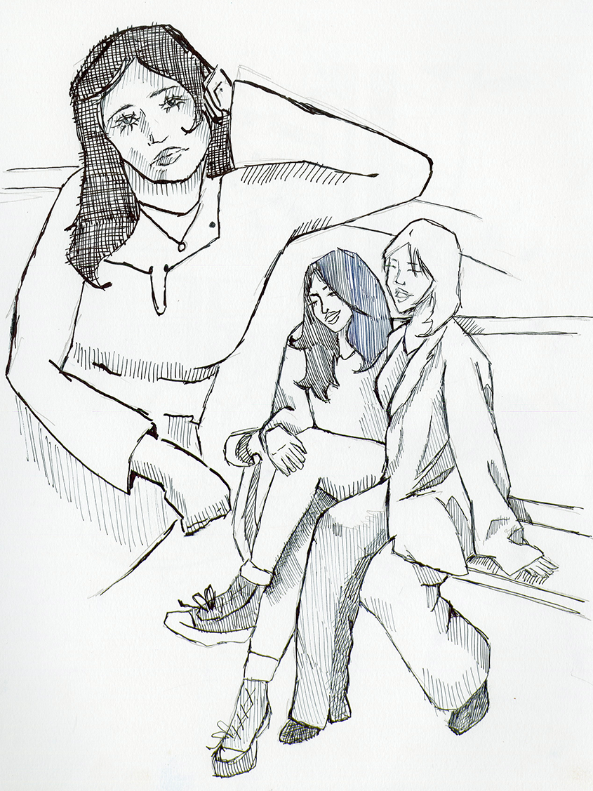 Line drawing of three women. One woman with long hair and a sweater is sitting, another woman with long blue hair and a big smile is sitting on her lap, and a third woman with shoulder-length hair is leaning against the first woman, all smiling and r