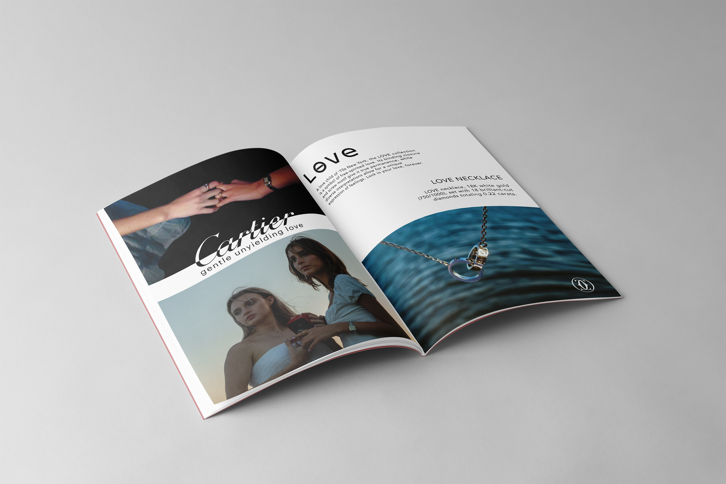 Open magazine featuring jewelry, including a Cartier watch with two women on the left page and a necklace on a chain over water on the right page.