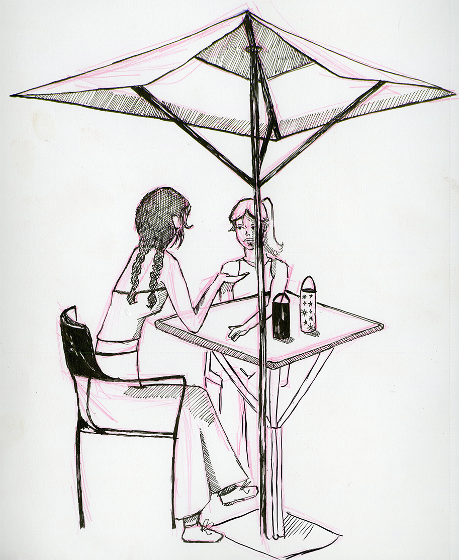 Sketch of two women sitting at a table under a large umbrella, having a conversation.