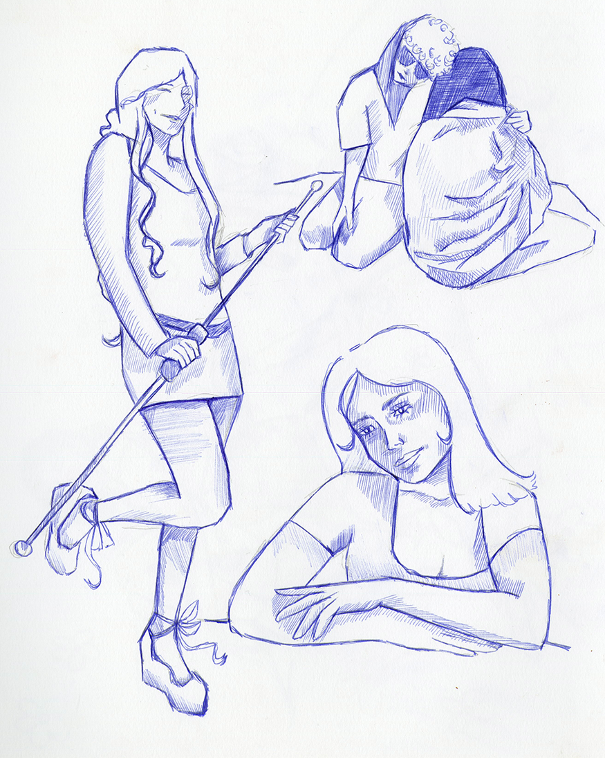 Sketch of three women, one holding a golf club, another lying on the ground, and the third sitting at a table.