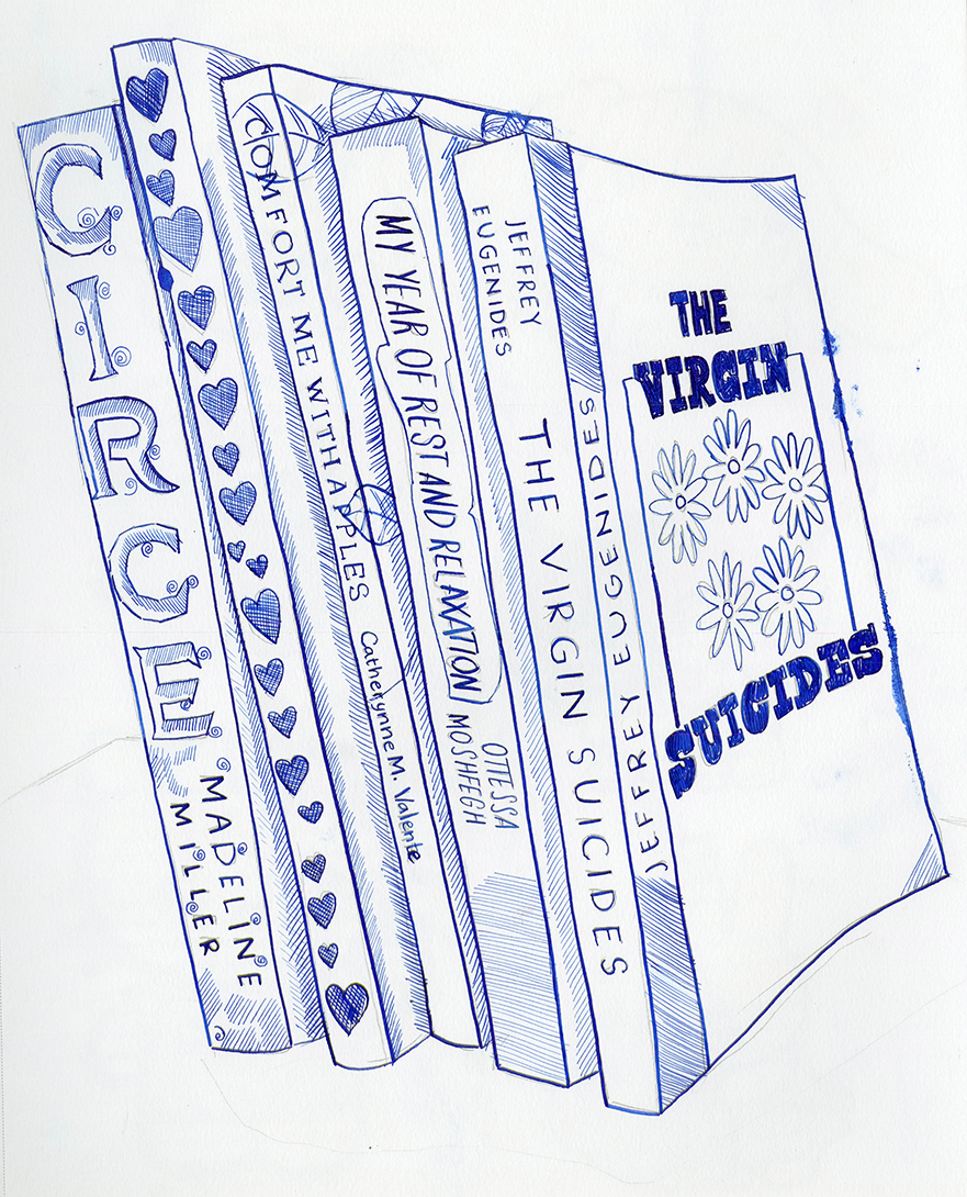 Hand-drawn illustration of a stack of five books, with the titles "The Virgin Suicides," "Jeffrey Eugenides," "My Year of Rest and Relaxation," "Come for Me with Apples," and "Sirin." The books are decoratively illustrated with patterns and flowers.