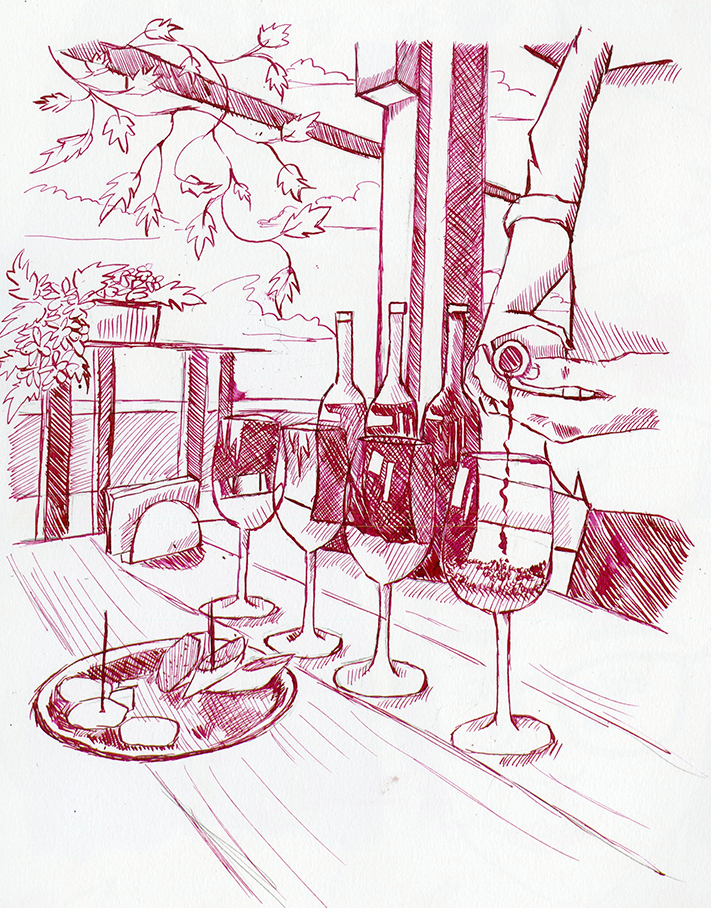 Line drawing of a table with four wine glasses, a small plate with cheese and a cherry, and bottles in the background. A hand is reaching with a corkscrew. There is a railing with plants and a sky in the background.