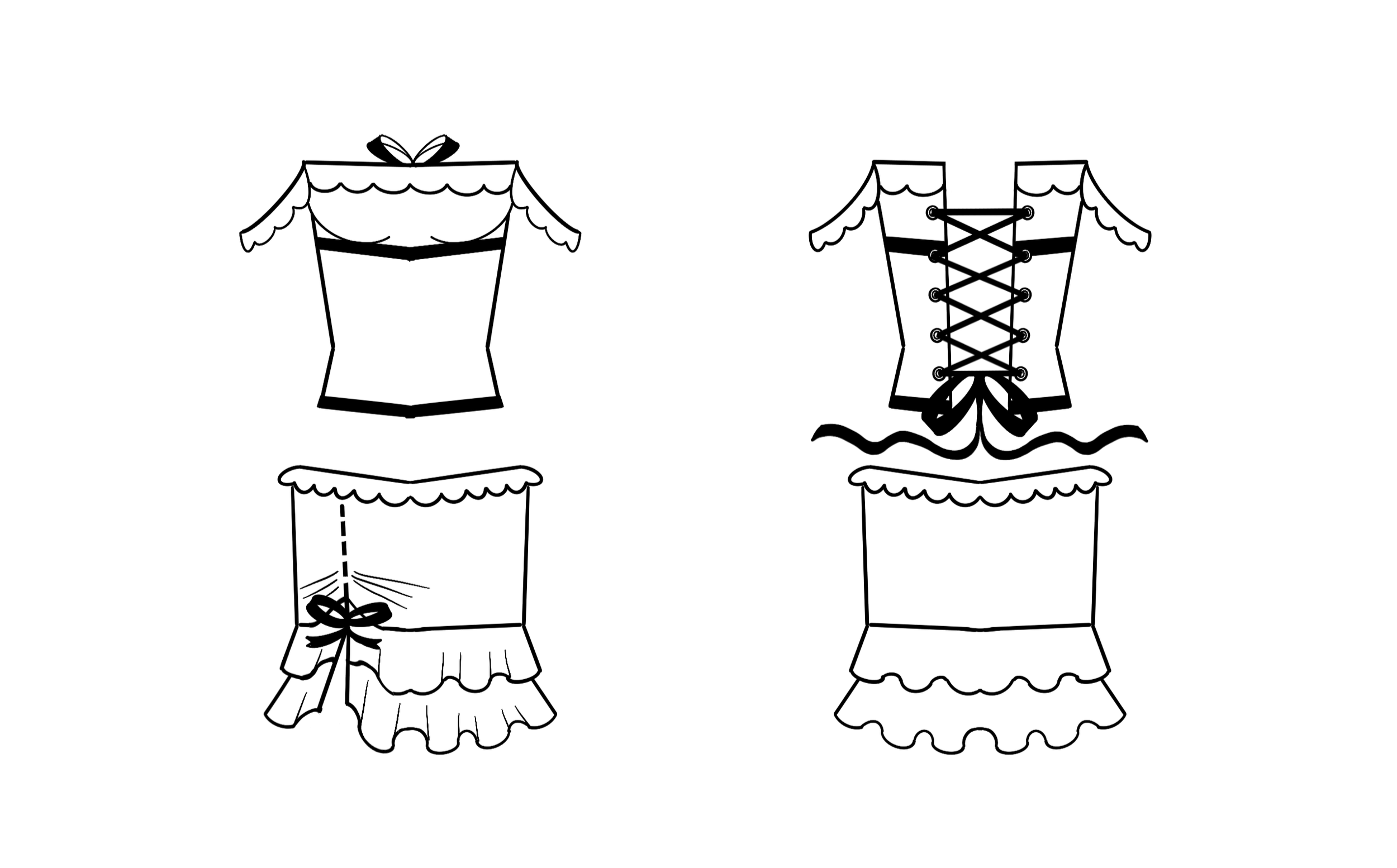 Four black and white line drawings of lingerie, including a top and a skirt with bows, featuring corset-style laces and ruffled edges.