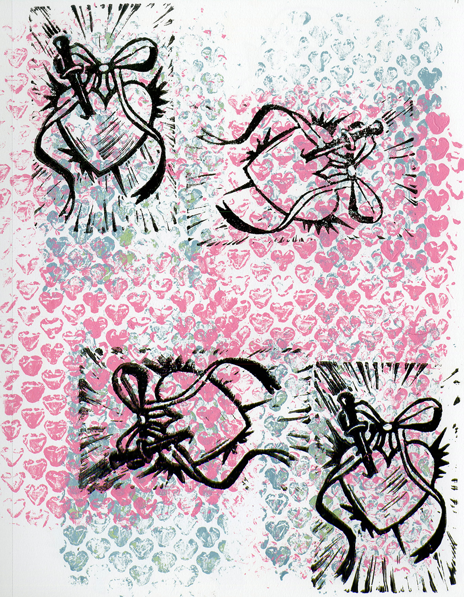 Black ink sketches of insects, possibly beetles, over a background of pink and light grey heart patterns.