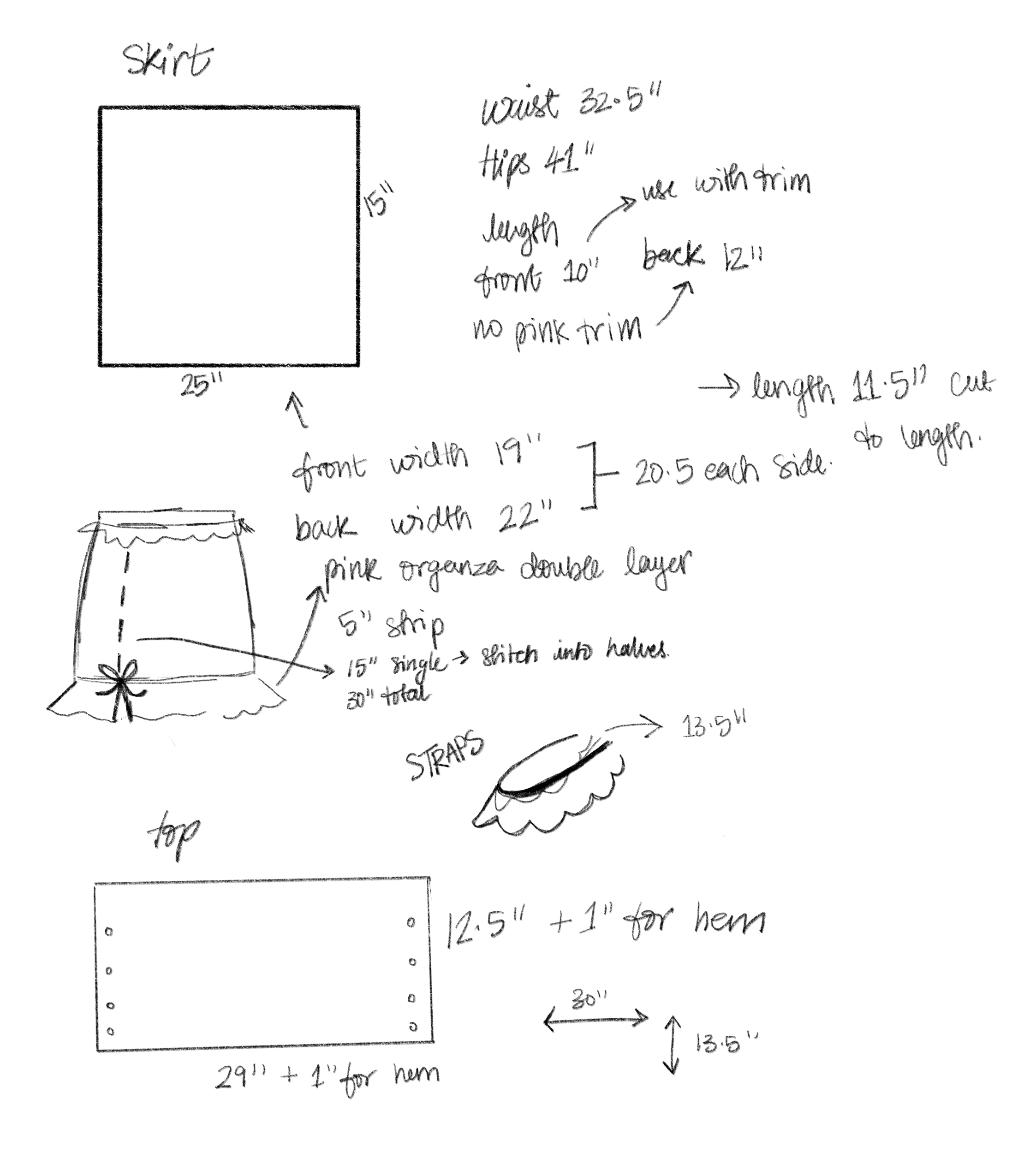 Hand-drawn sewing pattern and measurements for a skirt with decorative trim and straps, including fabric dimensions, seam allowances, and detailed notes.