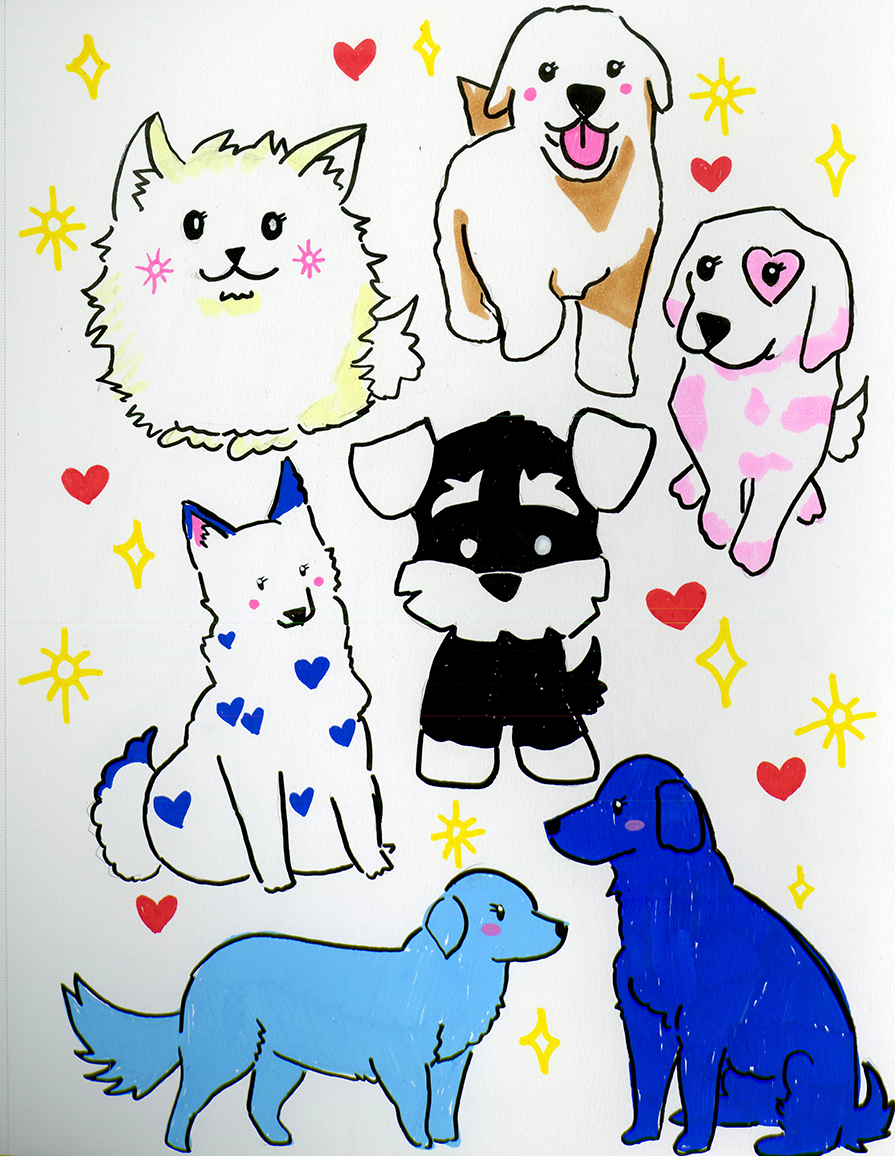 Drawing of a group of seven cartoon dogs and a cat, each with a unique appearance. The animals are surrounded by small yellow stars and red hearts, with some animals having pink blush or hearts on their faces.