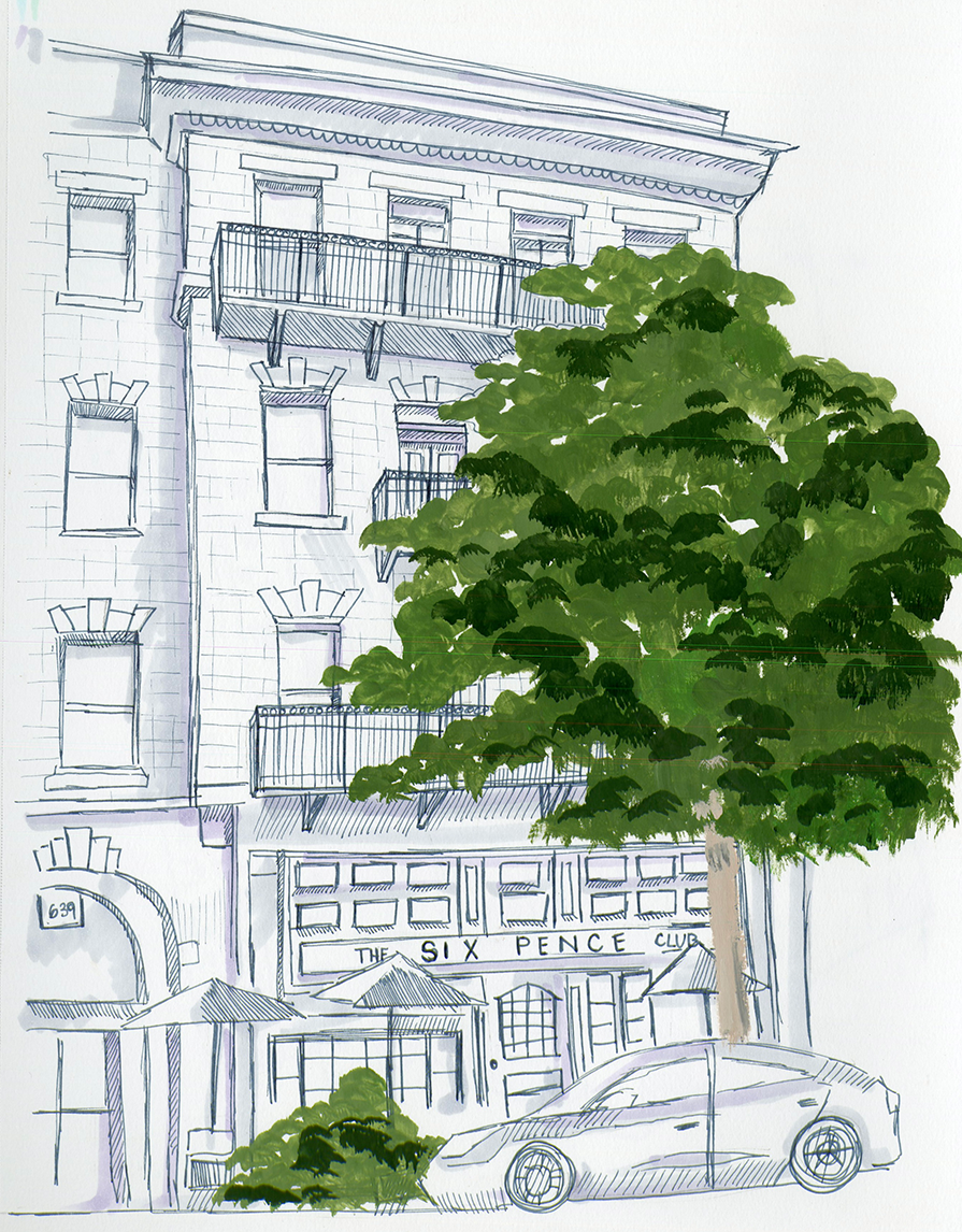 A sketch of a building with balconies, a large green tree in front, and a parked car. The building has a sign that reads 'The Six Pence Club' above the entrance.