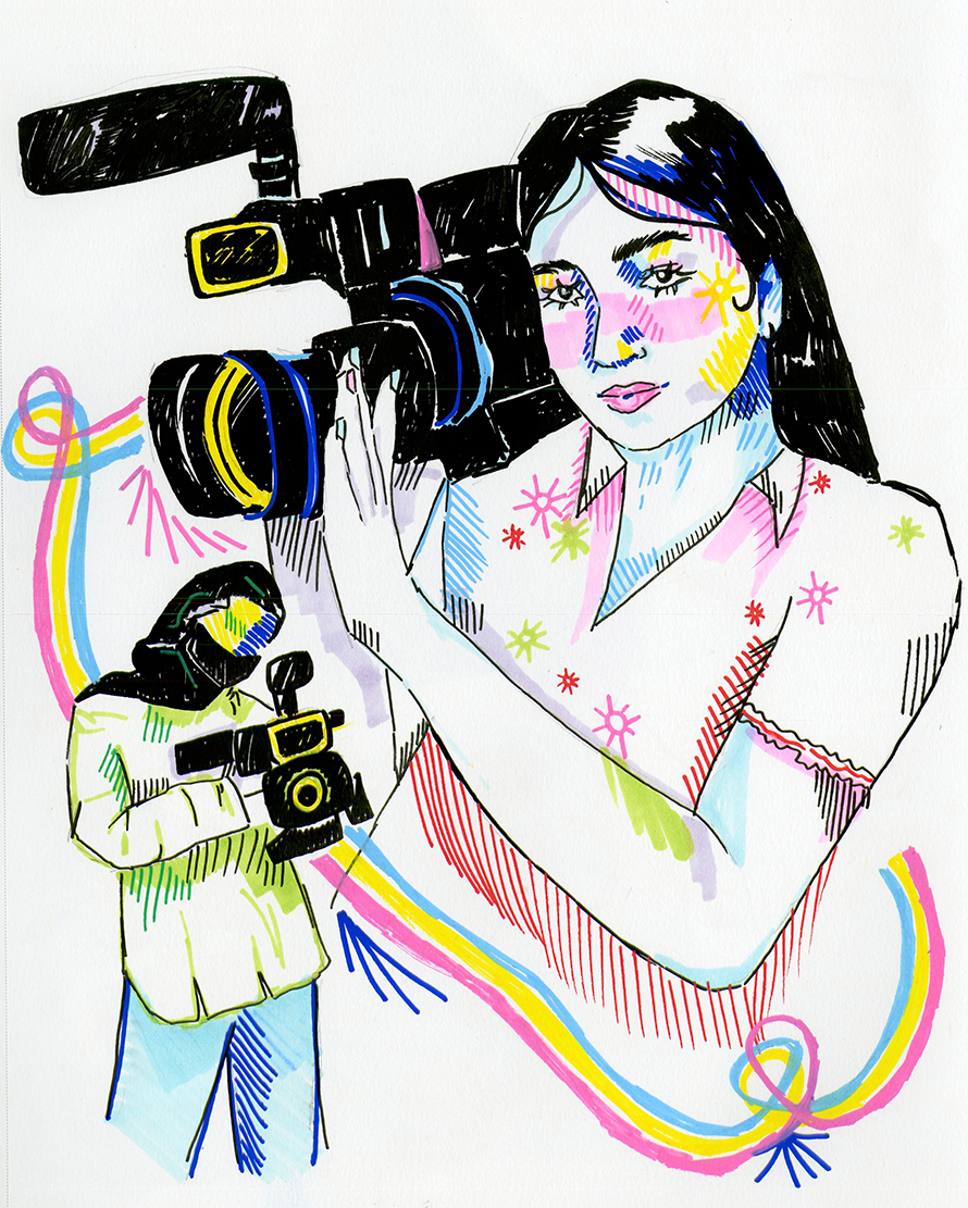 A colorful illustration of a woman with long dark hair holding a professional video camera, with a smaller person operating another camera in front of her. The artwork features vibrant, doodle-like lines and bright, cheerful colors.