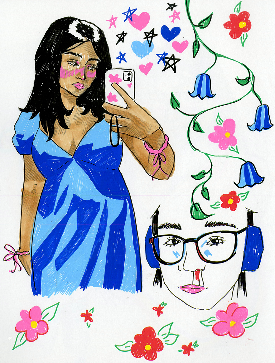A colorful hand-drawn illustration of a woman taking a selfie with her phone. She has black hair, pink blush, and is wearing a blue dress with puffed sleeves. Surrounding her are various floating hearts, stars, and flowers in bright colors. There is 