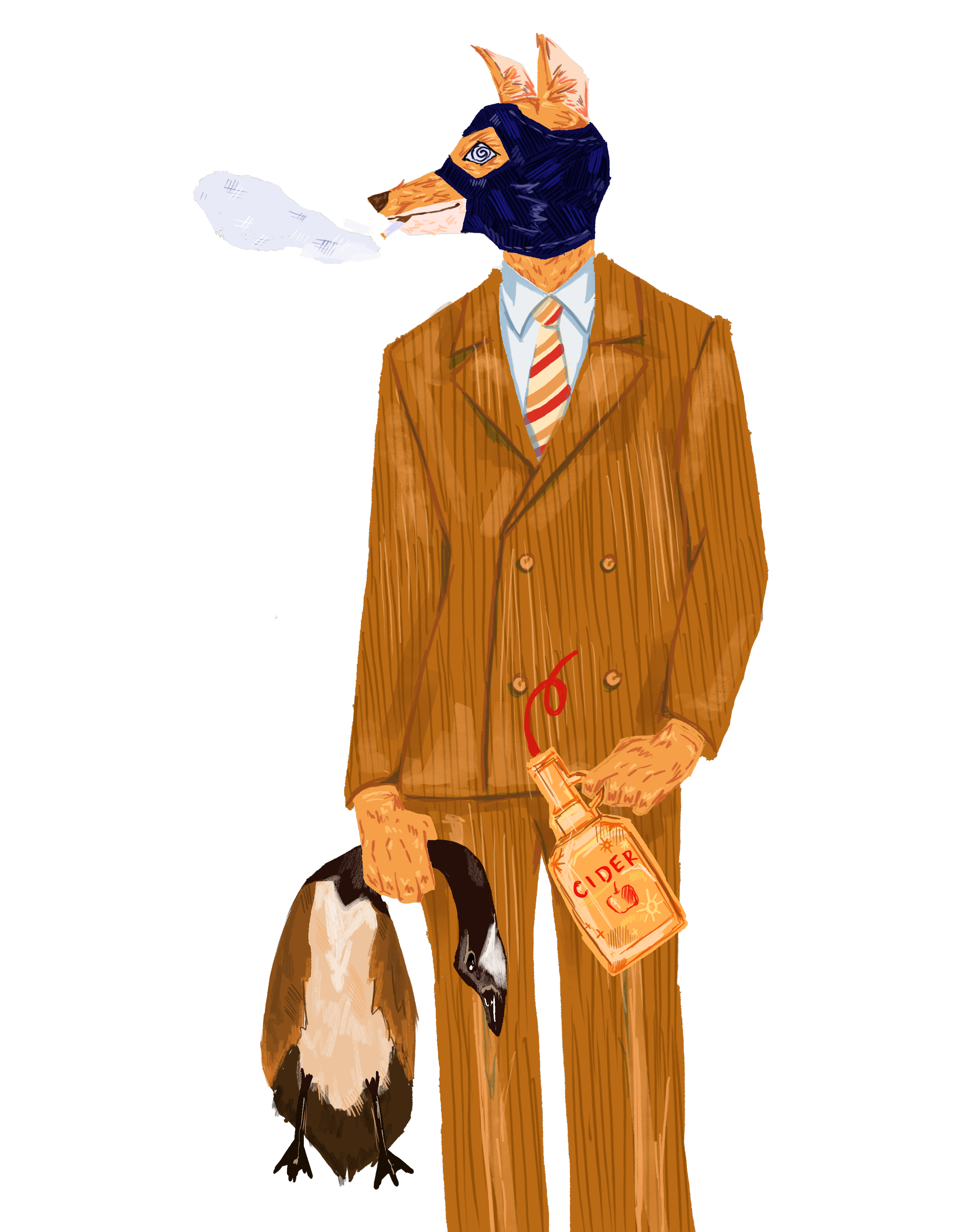 Illustration of a fox in a suit with a cigarette, wearing a navy mask and holding a dead duck, a bottle of cider, and wearing a colorful tie.