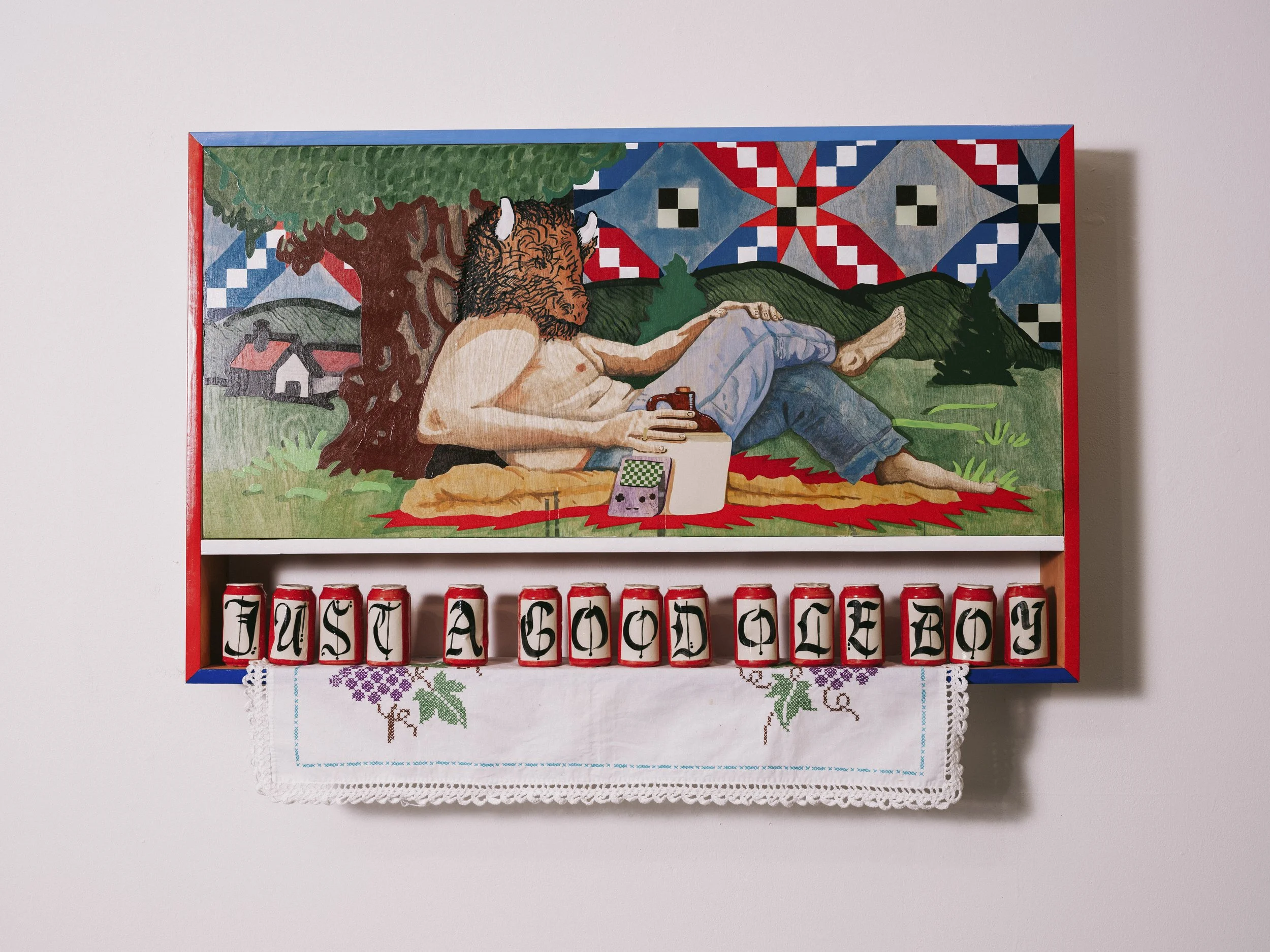 Just A Good Ole Boy , acrylic, watercolor, gouache, paint marker, ceramic, underglaze, glaze, and found object
 28 x 45 x 5&½
2026