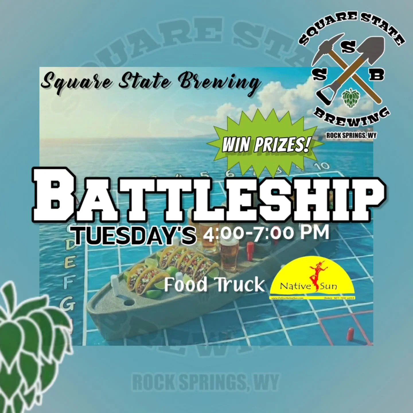 ⚓ BATTLESHIP IS HERE &mdash; STARTING TODAY! ⚓

Here's how to play:
🍺 Order a pint &rarr; get 1 shot
🌮 Order food from Native Sun &rarr; get 1 shot
🎯 Each shot = pick a square on the board
🚢 SINK a ship&hellip; win a prize!

Ships come in differe