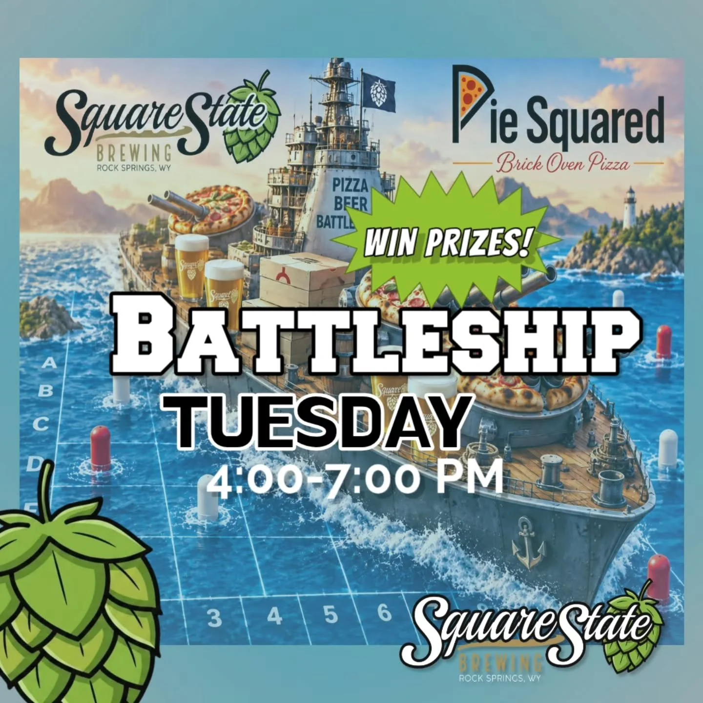 ⚓️ BATTLESHIP IS BACK! ⚓

This Tuesday at Square State! Here's how to play:

🍺 Order a pint &rarr; get 1 shot
🍕 Order food from Pie Squared pizza &rarr; get 1 shot
🎯 Each shot = pick a square on the board
🚢 SINK a ship&hellip; win a prize!

Ships