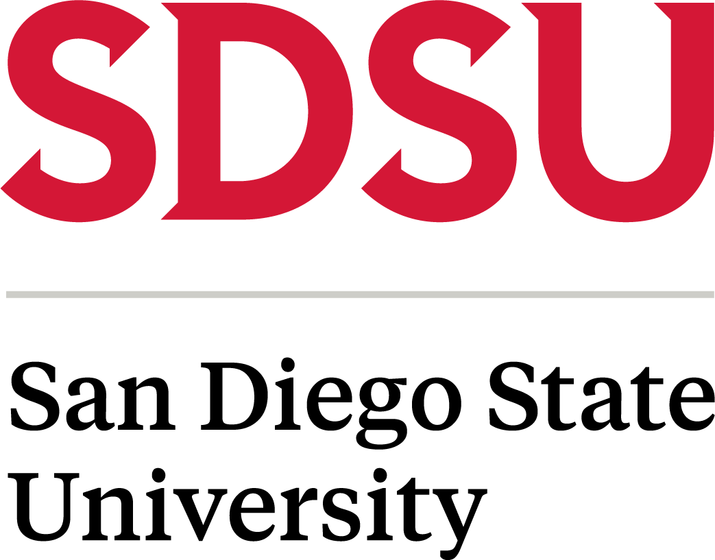 SDSU logo with red letters and a black background.