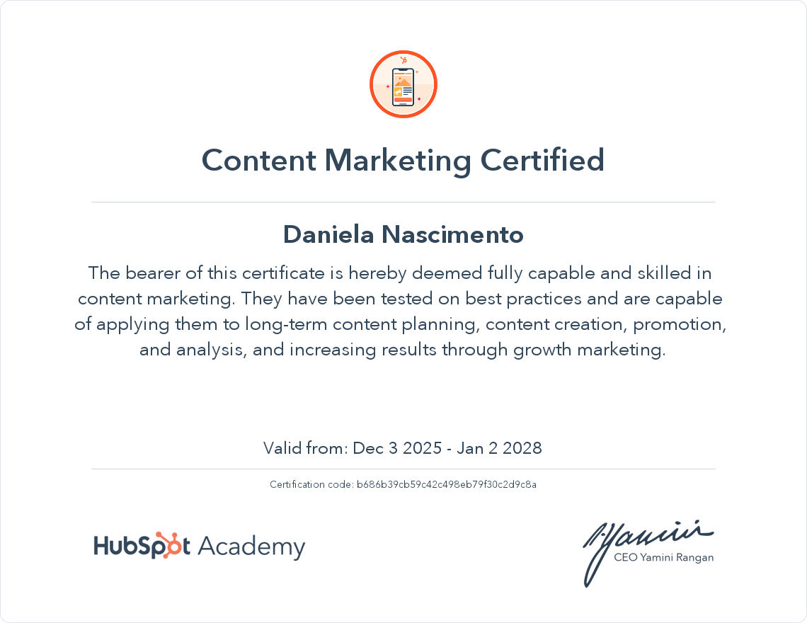 Certificate of completion for Content Marketing from HubSpot Academy awarded to Daniela Nascimento, signed by CEO Yamini Rangan, with logo of HubSpot Academy at the bottom.