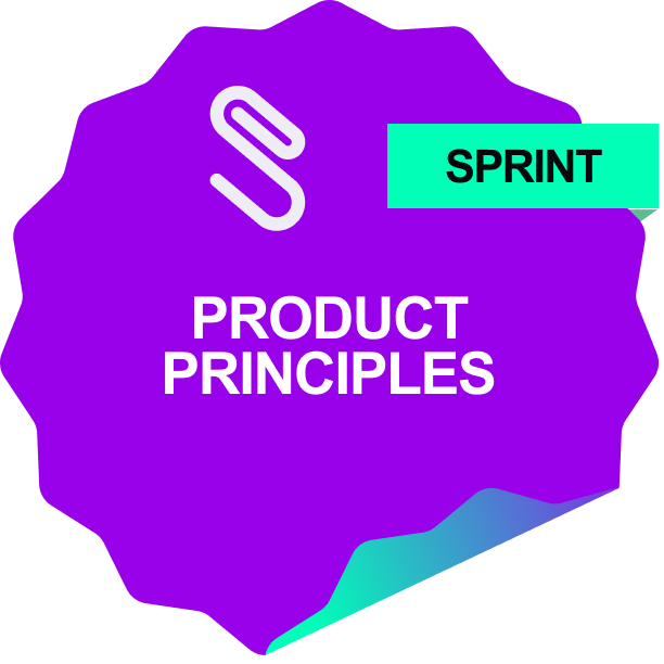 Purple background with white text reading 'Product Principles' and a teal box with black text 'Sprint', featuring paperclip icons and minimal graphic elements.