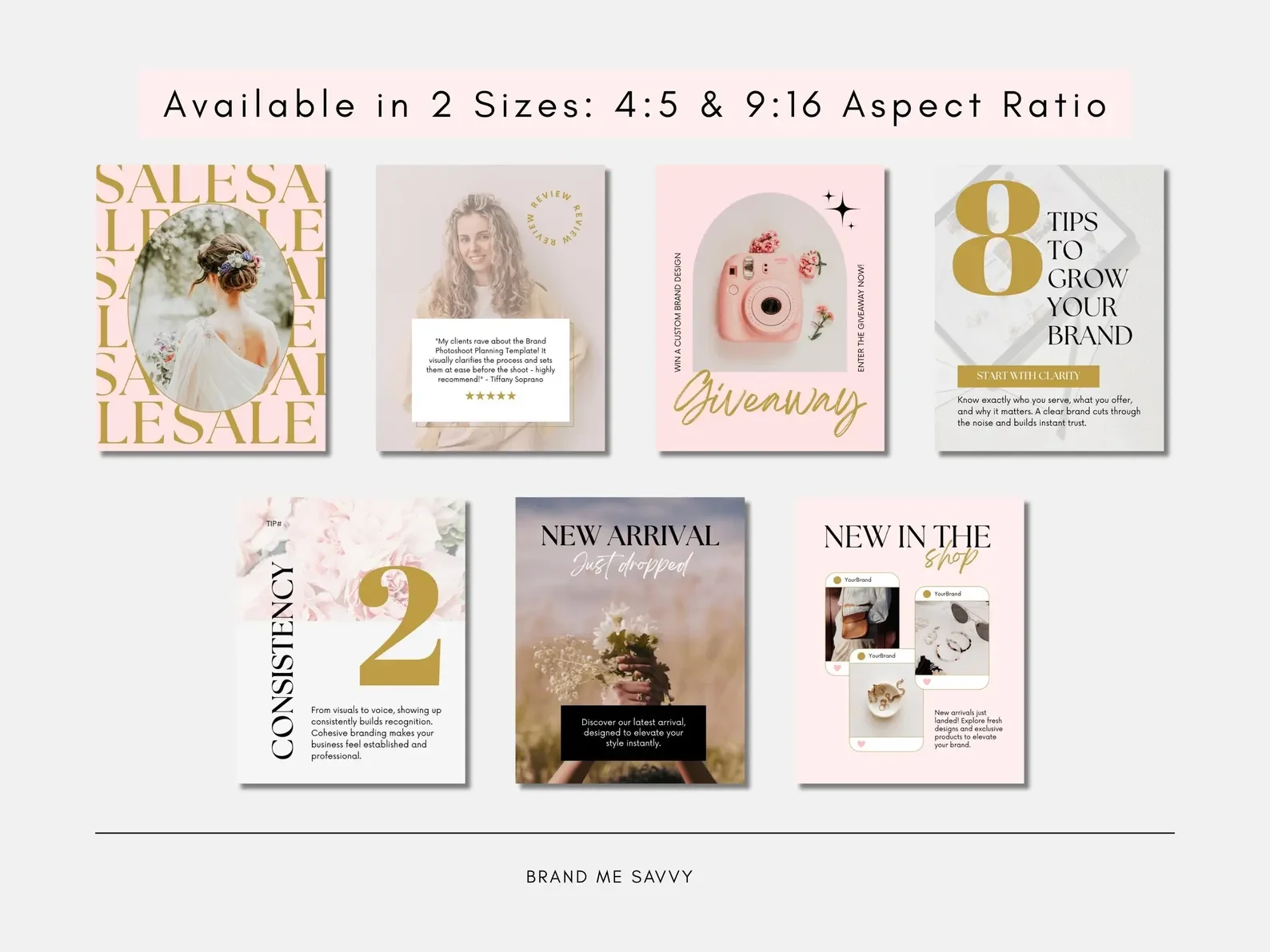 A collection of social media graphics and promotional templates for branding, sales, giveaways, tips, and new arrivals, with pastel colors, modern fonts, and various layouts.