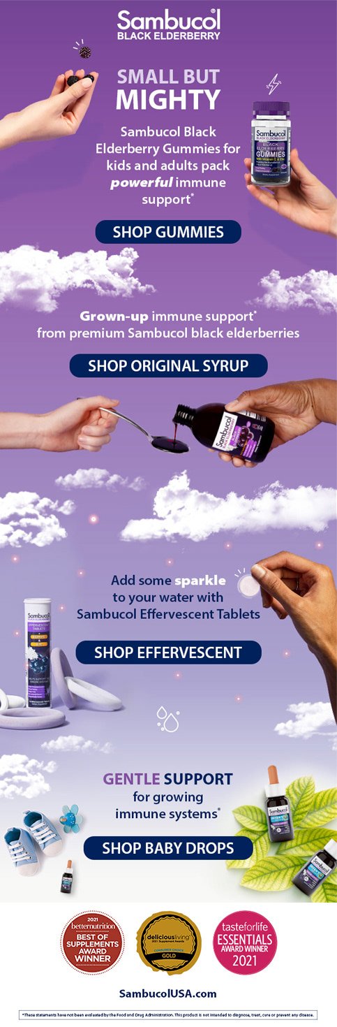 Advertisement for Sambucol Black Elderberry gummies, syrup, effervescent tablets, and baby drops. Promotes immune support for kids and adults, with options to shop gummies, syrup, effervescent, and baby drops.