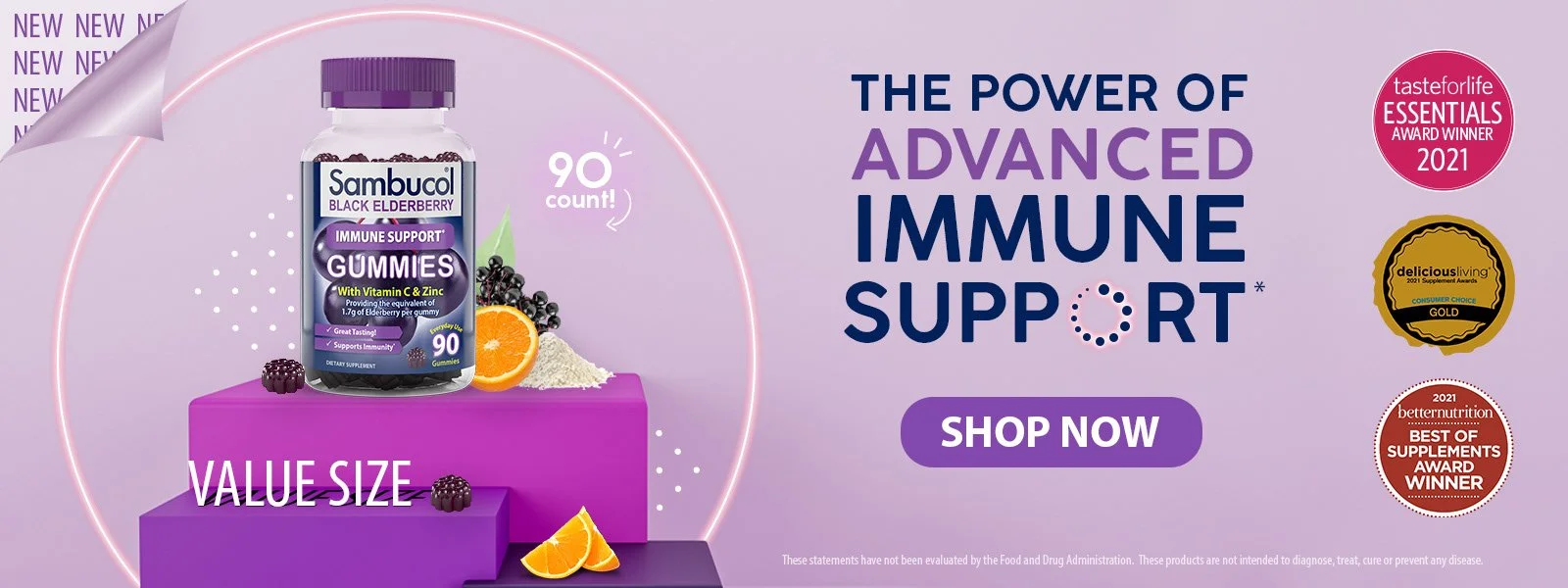 A bottle of Sambucol Black Elderberry Gummies with vitamin C and zinc on a purple platform, surrounded by blackberries, orange slices, and powder. A pink ring encircles the product, with promotional labels on the right for awards and endorsements. Th