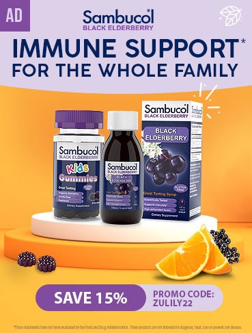 Supplements and juice boxes of Sambucol Black Elderberry, including gummies, syrup, and juice, with blackberries and orange slices, promoting immune support for the whole family.