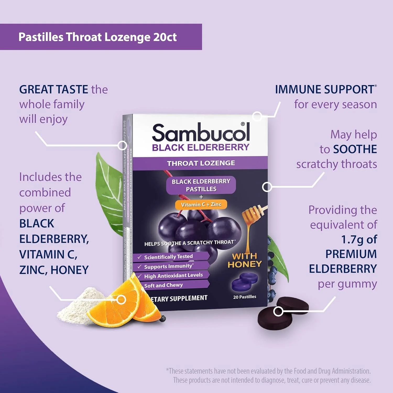 Packaging of Sambuco Black Elderberry throat lozenges with descriptions of ingredients and benefits, surrounded by images of elderberries, honey, and orange slices.