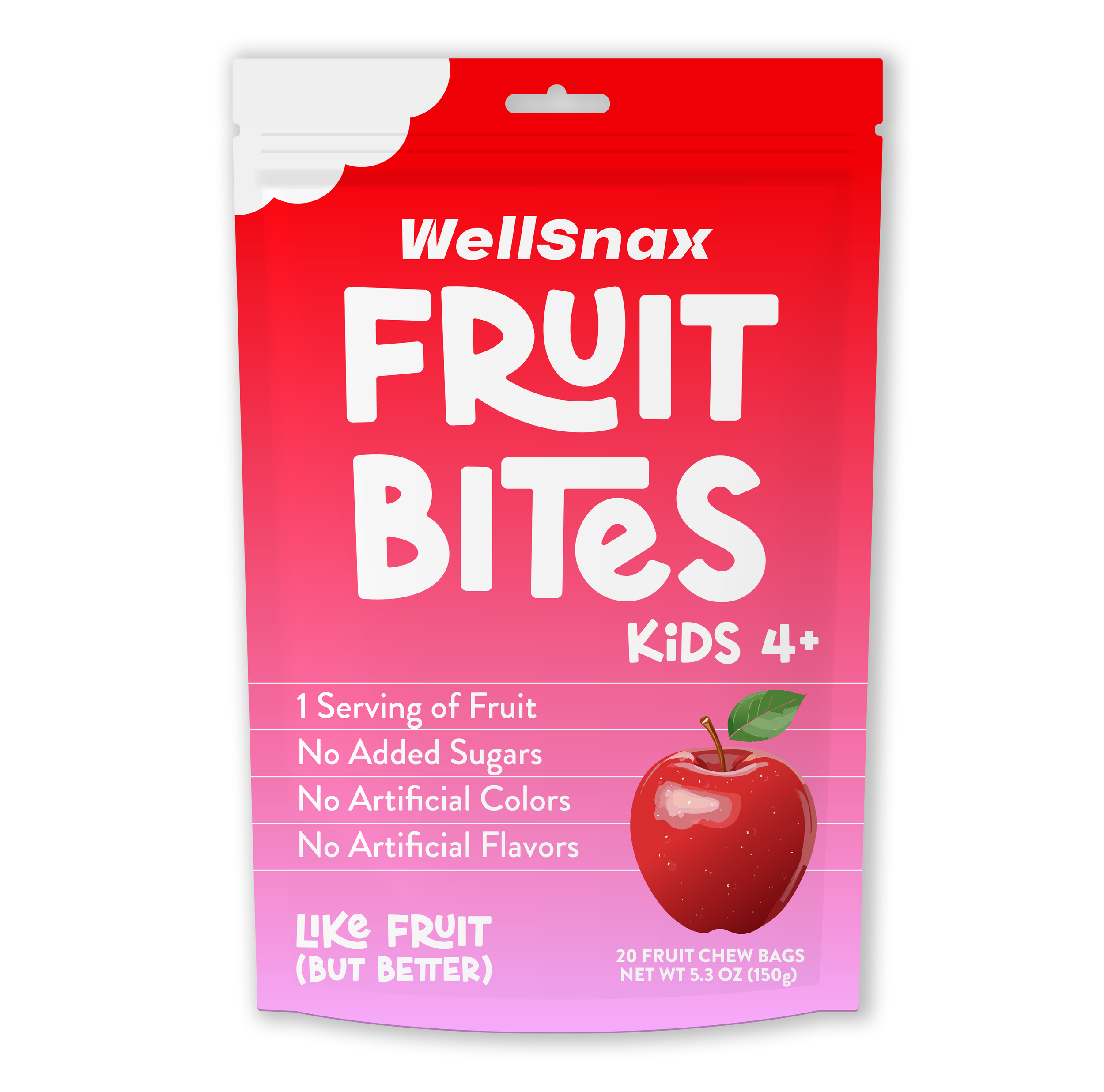 Red and pink packaging of WellSnax Fruit Bites for kids, featuring an illustration of a red apple with a leaf, and text indicating no added sugars, artificial colors or flavors, designed for children 4 and older.