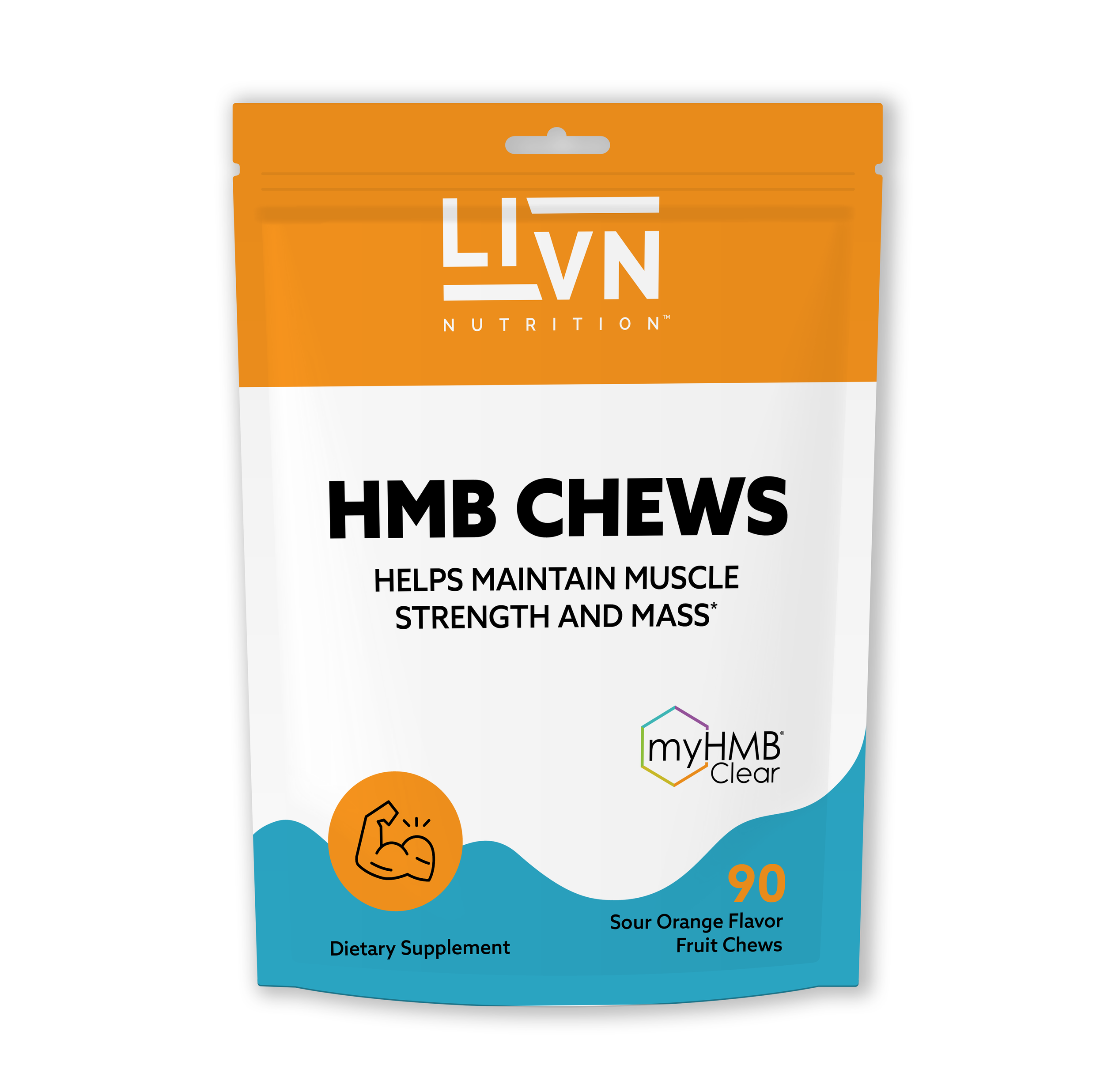 Orange and white resealable bag of LIVN Nutrition HMB Chews with 90 sour orange flavor fruit chews, labeled as dietary supplement, helping maintain muscle strength and mass.