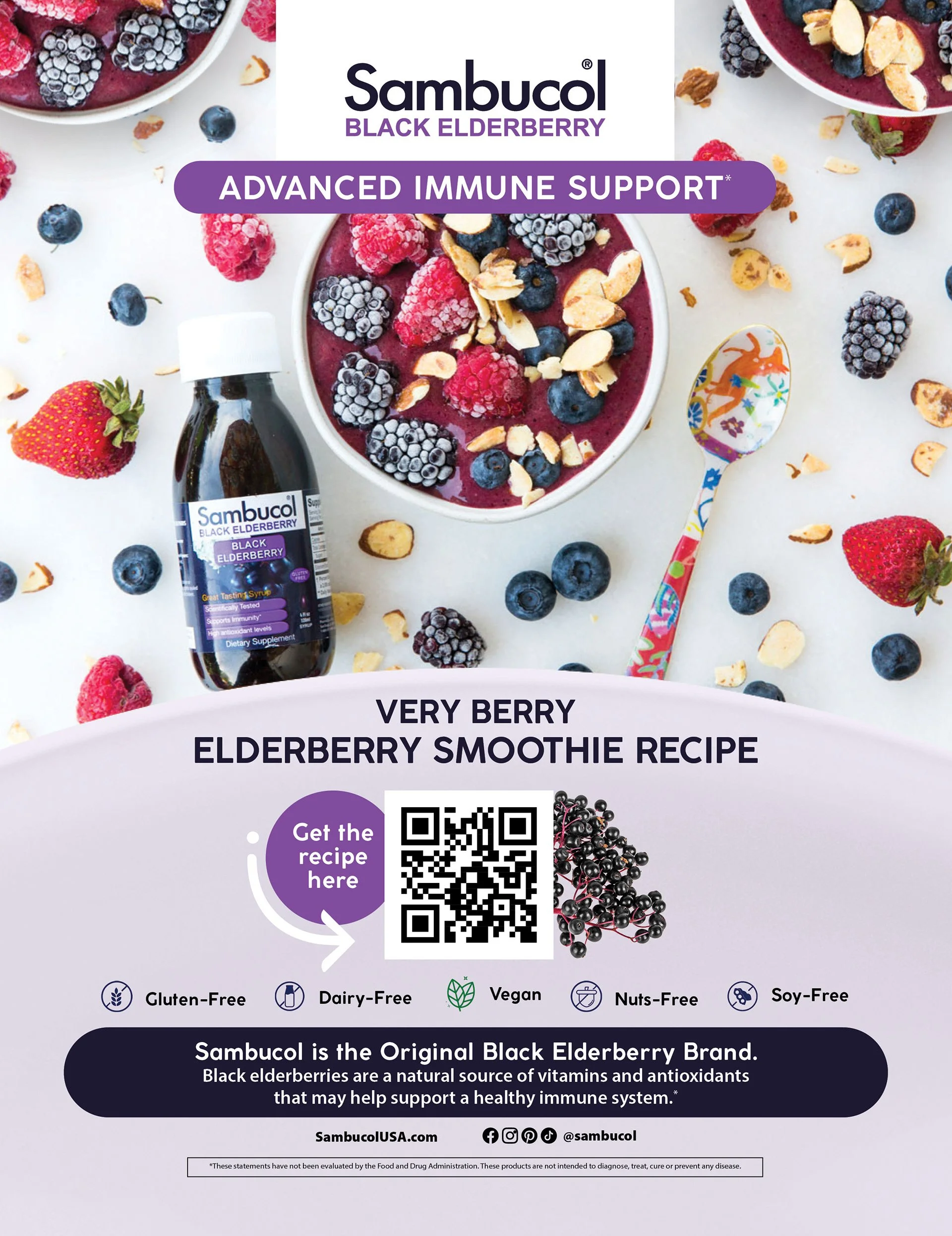 An advertisement for Sambucol Black Elderberry, featuring a bowl of berry elderberry smoothie topped with blackberries, raspberries, blueberries, and sliced almonds, a bottle of elderberry syrup, and a colorful spoon, with text promoting immune suppo