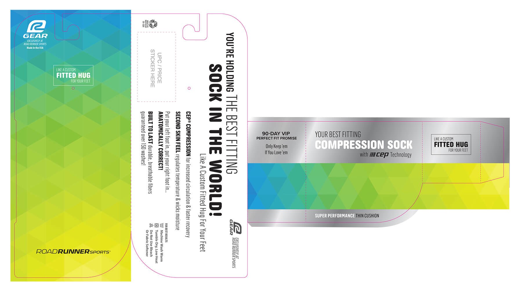 Packaging label for compression socks with CEP technology, featuring colorful geometric design, product details, branding, and promotional messages.