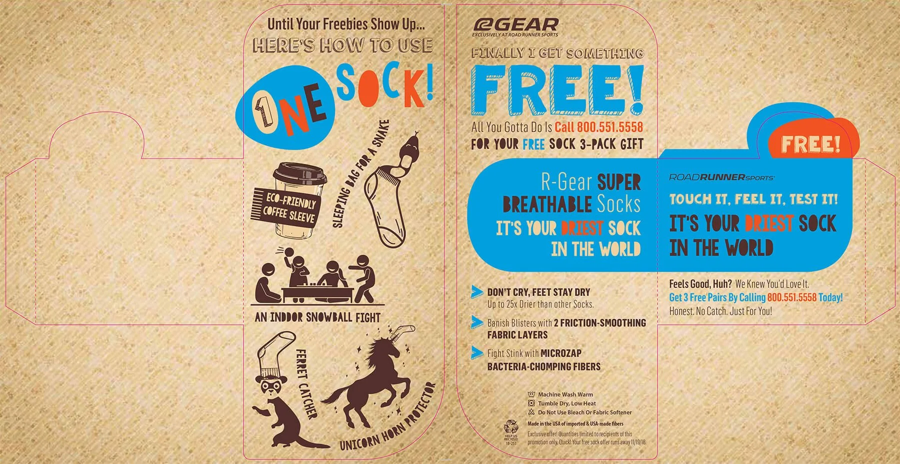 An advertisement offering a free pair of moisture-wicking socks by calling a phone number. The ad features details about the socks, such as being super breathable, moisture-wicking, and antimicrobial, and describes playful uses like for a snowball fi