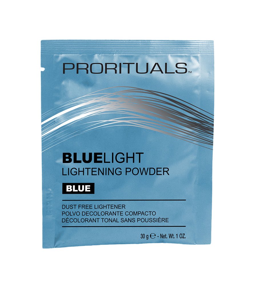 Blue packet of Proritals Blue Light Lightening Powder for skin, with text indicating it is a dust-free lightener, 30 grams, and an abstract wave design.