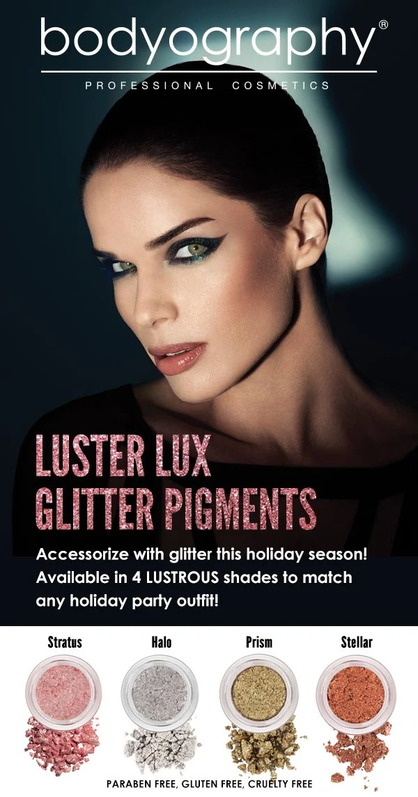 A promotional magazine cover for Bodyography Cosmetics featuring a woman with dramatic makeup and glitter eyeshadow. The text highlights glitter pigments available in four shades for holiday outfits, with swatches labeled Stratous, Halo, Prism, and S