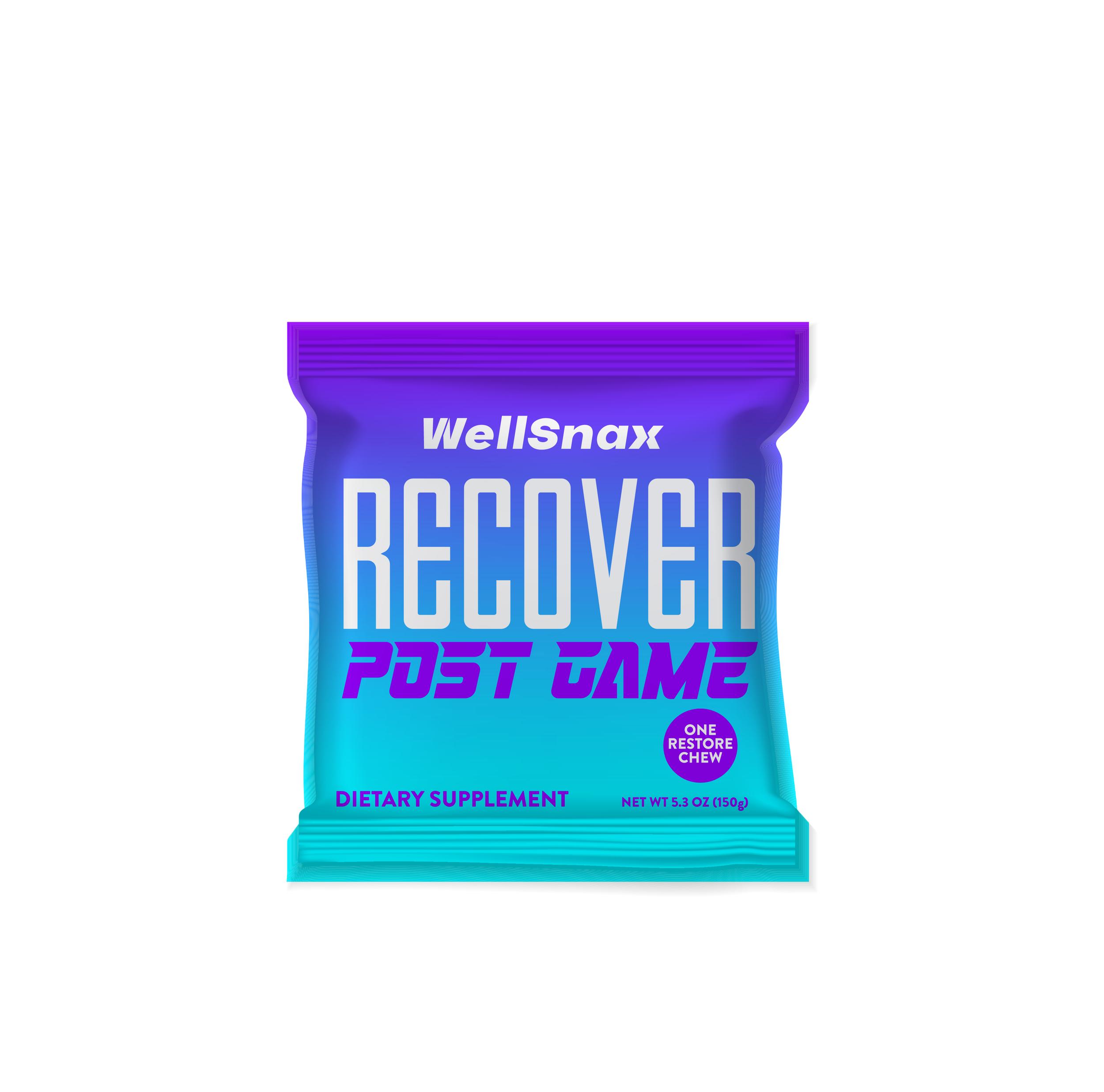 Blue and purple dietary supplement package labeled 'WellSnax Recover Post Game' with a net weight of 5.3 ounces, featuring a small purple circle indicating one restore chew.