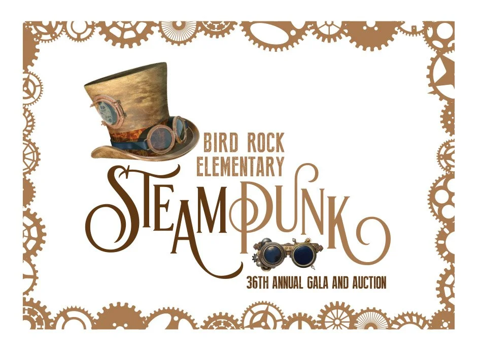 Steampunk-themed flyer for Bird Rock Elementary's 36th annual gala and auction, featuring a top hat with goggles, steampunk gears border, and steampunk goggles.