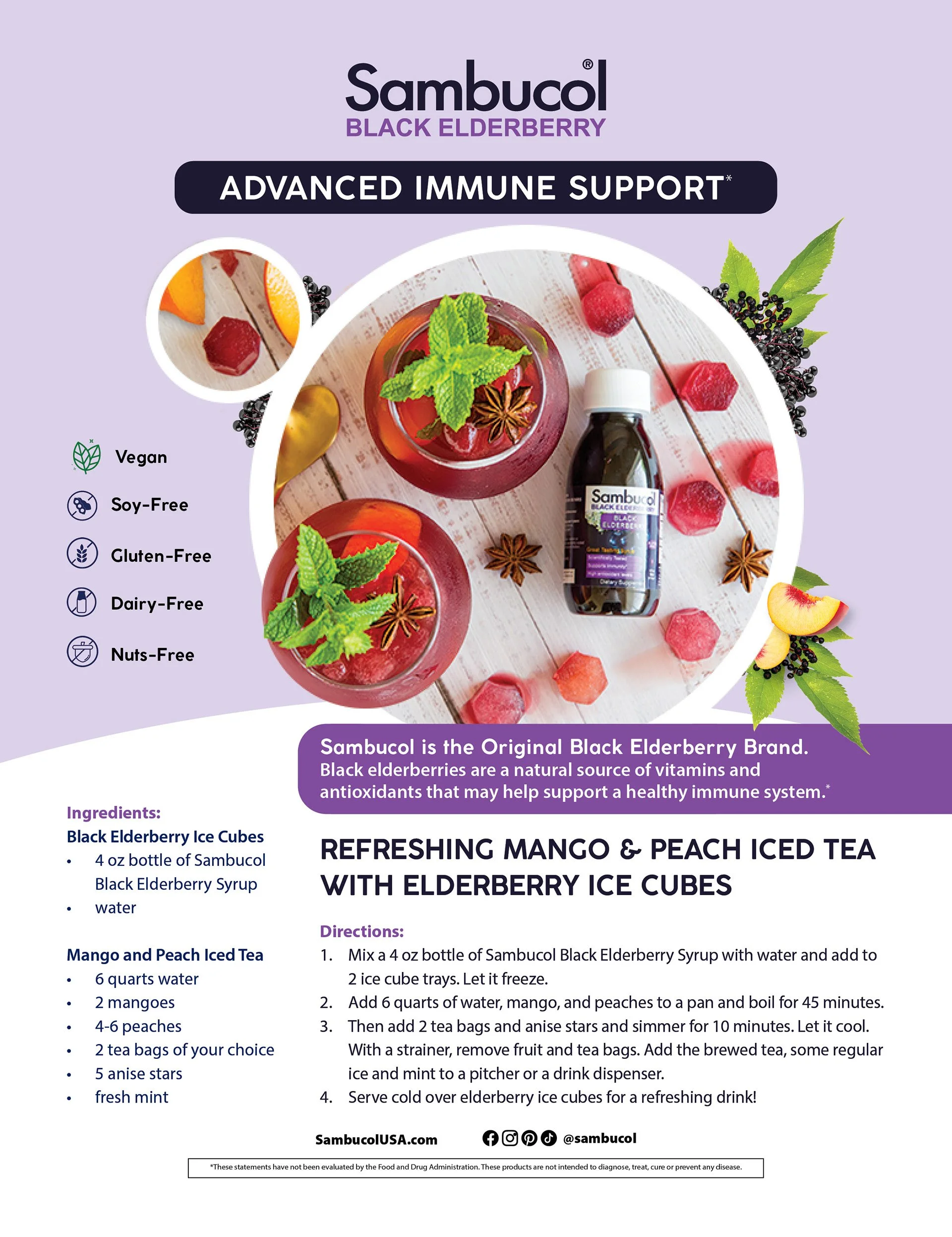Package for Sambucol Black Elderberry with a picture of elderberry ice cubes, fresh elderberries, and a purple-themed background.
