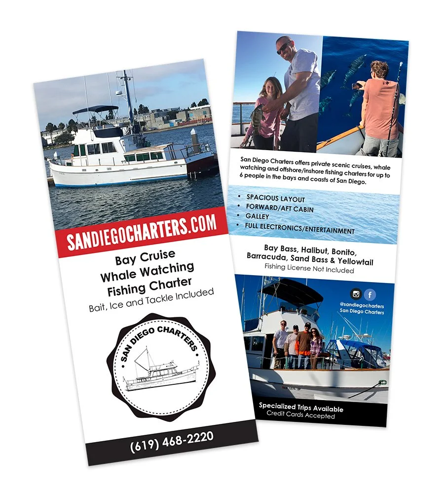 Flyers advertising San Diego charters for bay cruise, whale watching, and fishing. One flyer shows a boat on the water, the other shows people on a boat with ocean views, and includes contact information, social media handles, and a list of features 