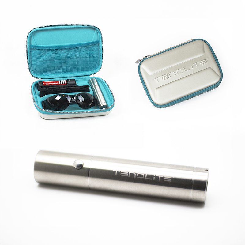 A portable LED flashlight with a metal casing, a blue zippered case containing sunglasses and small tools, and a silver carrying case with the brand name 'TENDLITE' on the lid.