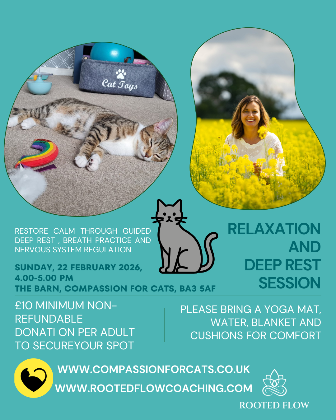 Flyer for a relaxation and deep rest session with images of a sleeping cat and a woman smiling in a yellow flower field. Especially suited to those who experience feeling anxiety, stress and burnout. Rooted Flow Coaching.